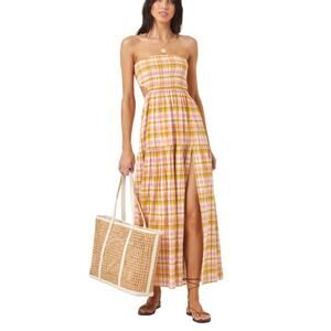 L Space Tina Cotton Maxi Dress Stretch  Strapless Open Back Plaid Smocked Medium